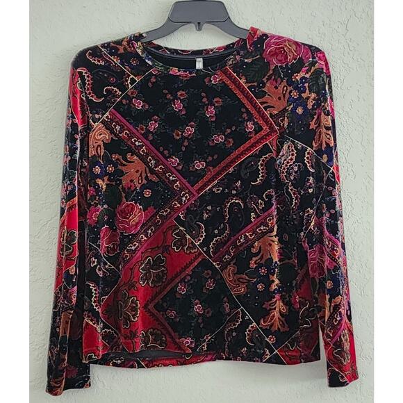 TOP-WHITE STAG-Velour Feel-Black-Burgundy-Gold Outlining-Long Sleeve-Size Lrg - Picture 1 of 12